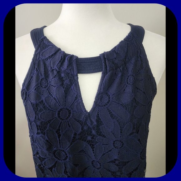 INC || Dark Blue Sleeveless Floral Lace Top (SIZE L) - Picture 2 of 5